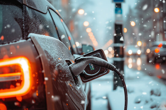 Electric vehicle charging in a snowy urban setting. Generative AI image