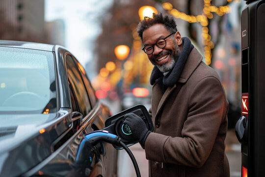 Anonymous man Enjoying Winter Electric Car Charging in City. Generative AI image