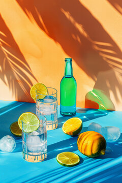 Summertime refreshments with lemons and ice.. Generative AI image