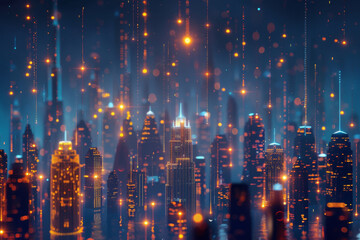 Obraz premium Abstract speed light flow through the city with gradient and aesthetic Intricate lighting design Smart city and big data connection technology concept. 
