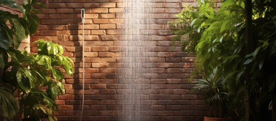 Outdoor shower attached to the brick wall.