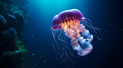 Naklejka premium Glowing jellyfish swim deep in the ocean
