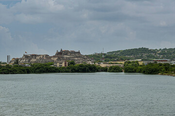 Cartagena, Colombia - July 25, 2023: Gray-beige stone San Felipe de Barajas Fort seen from carrera...