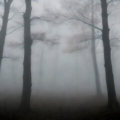 Trees silhouettes in the misty forest.