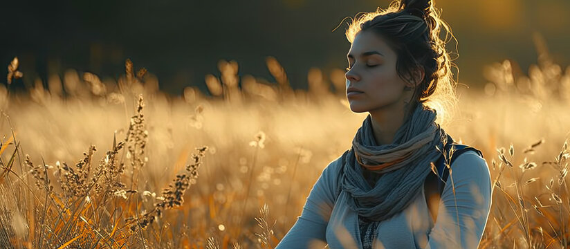 young woman meditating in nature with beautiful light
