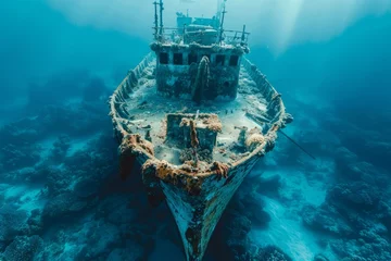Foto auf Alu-Dibond A shipwreck is seen in the ocean with a lot of debris and fish swimming around it. Scene is eerie and mysterious, as the ship is long gone and the ocean is filled with life © Yuliia