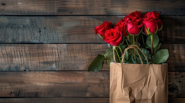 Beautiful red rose bouquet in paper bag copy space background. AI generated image
