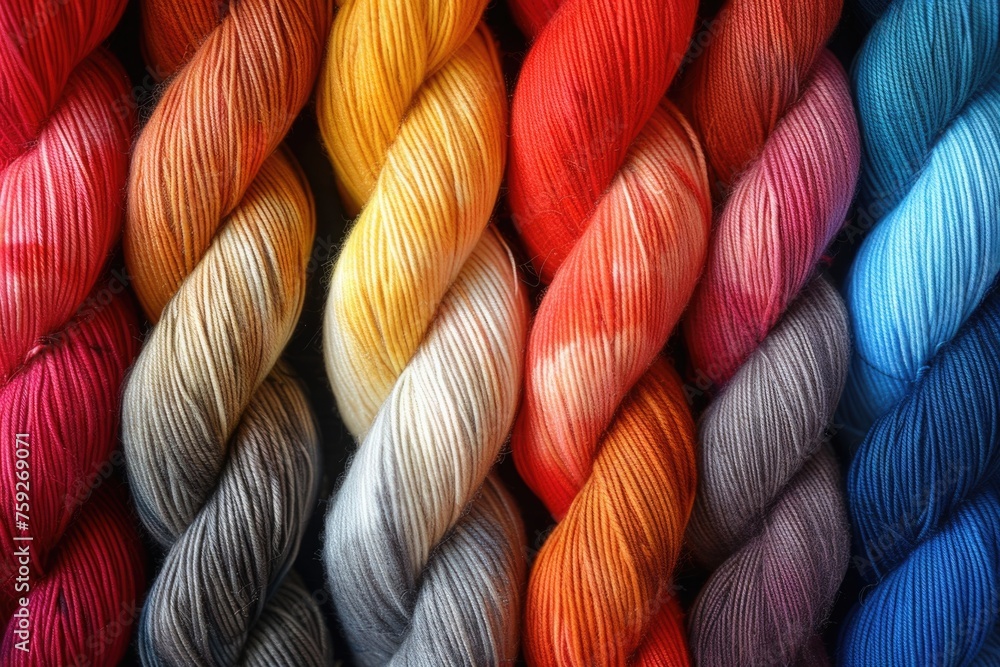 Poster close-up view of a collection of yarn skeins in different colors, neatly arranged.