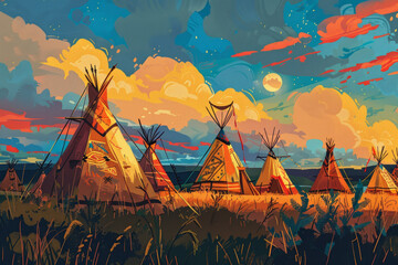 Artistic rendering of first nations tipis. 