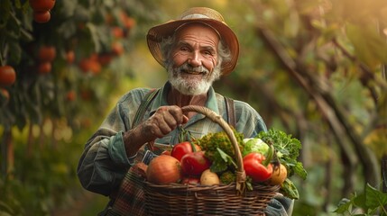 An elderly man with a basket of vegetables represents the spirit of abundance and sustenance.