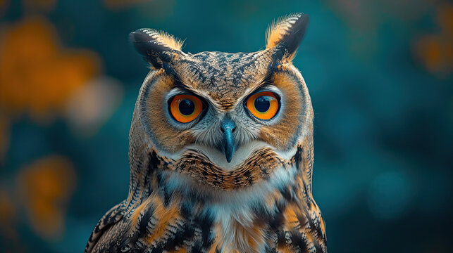 stunning closeup of owl with orange eyes looking straight at viewer on blue background