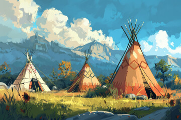Artistic rendering of first nations tipis.  - obrazy, fototapety, plakaty