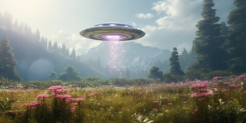 UFO flying over cosmos flower meadow, 3d render illustration