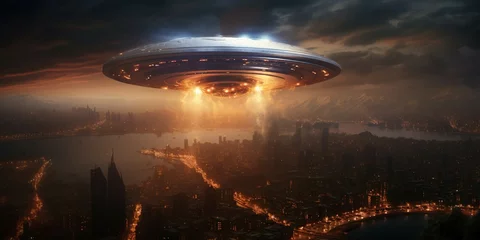Foto op Canvas Flying saucer over the city at night. 3D rendering. © Digital Waves