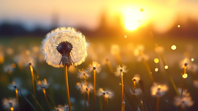 Dandelions in the sun, seeds fluttering in the wind © jiejie