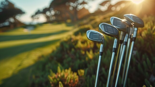 set of golf clubs over green field background