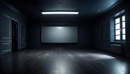 Empty dark room with large windows, sunrays from them, upper led lights, empty screen on the wall - obrazy, fototapety, plakaty