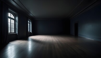 Empty old dark creepy room with large windows, sunrays from them - obrazy, fototapety, plakaty