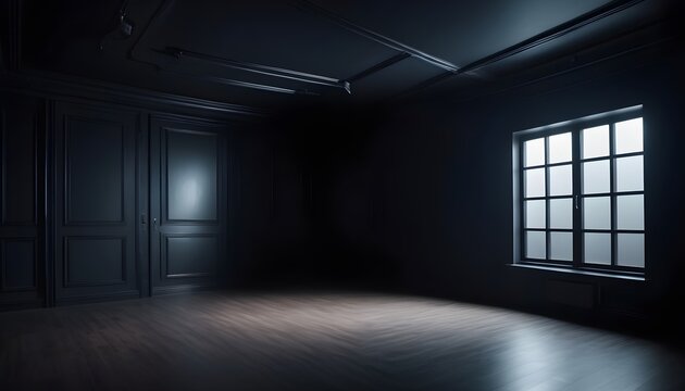 Empty old creepy dark room with large windows, sunrays from them