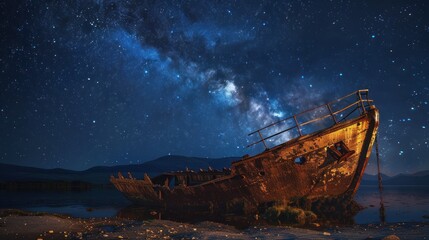 Beneath a canopy of stars, a shipwreck lies silent and haunting on the shores - obrazy, fototapety, plakaty
