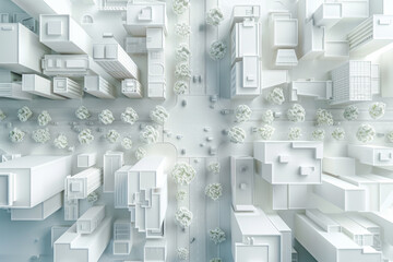 Top view of abstract modern city downtown looking as white architectural scale model with high rise building skyscrapers and empty street. 