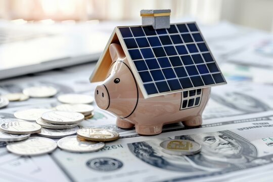 Pouring Coins into pink piggy pig against the background of house with solar panels. Conceptual photo of money saving, use of solar energy, solar-powered homes, mortgage for eco-friendly housing