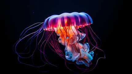 Underwater world concept, beautiful purple glowing jellyfish in the depths