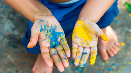 hands in paint blue and yellow color. World down syndrome day.