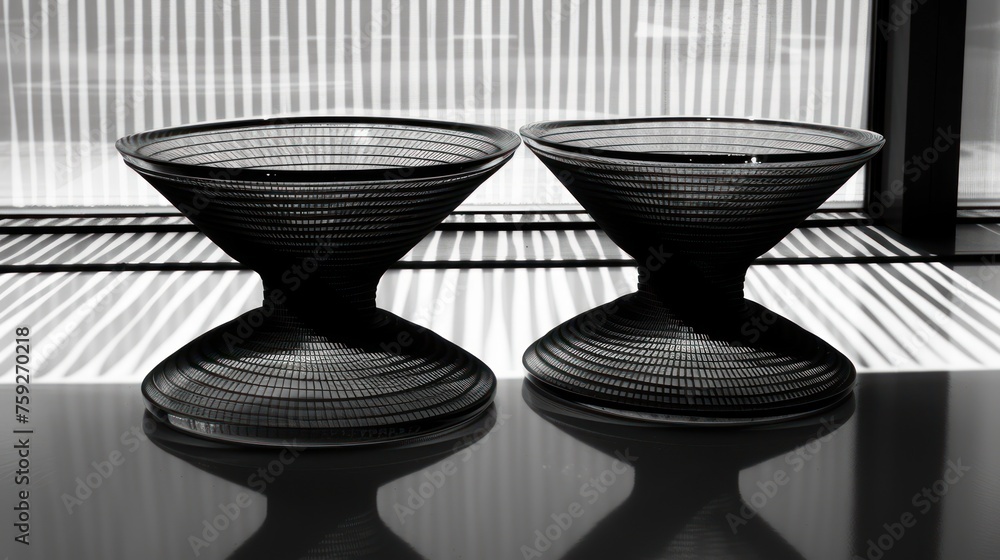 Poster two black vases sitting on a table in front of a window with blinds on the outside of the room.