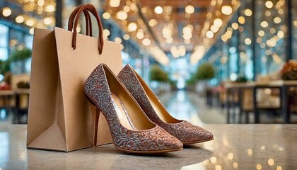 Sapato feminino e sacola de compras. Compras, Comércio, Venda, Mall, Moda feminina.