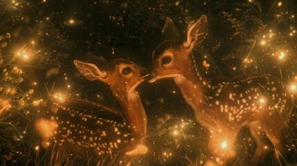 Obraz na płótnie Canvas a couple of deer standing next to each other on top of a forest filled with lots of green and yellow lights.