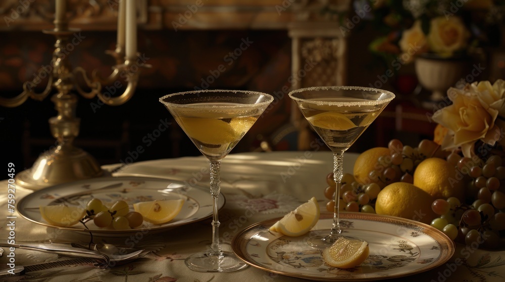 Poster a close up of two glasses of wine on a table with a plate of fruit and a chandelier in the backgroun
