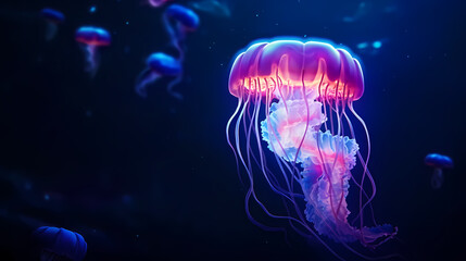 Underwater world concept, beautiful purple glowing jellyfish in the depths