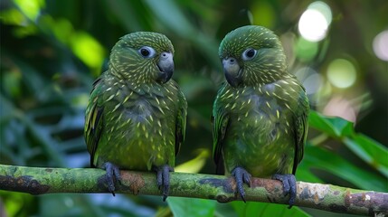 two green parrots sitting on a branch with leaves in the background and a blurry image in the foreground.