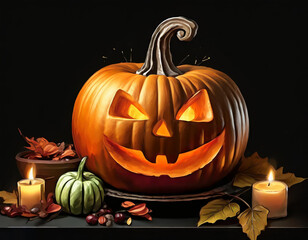 Halloweens pumpkins, autumn, black background, art, scary