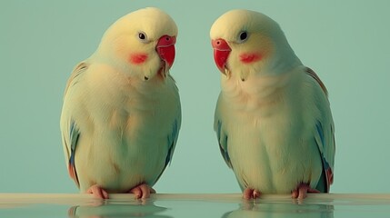 a couple of birds sitting next to each other on top of a glass table with a light green wall behind them.
