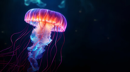 Underwater world concept, beautiful purple glowing jellyfish in the depths