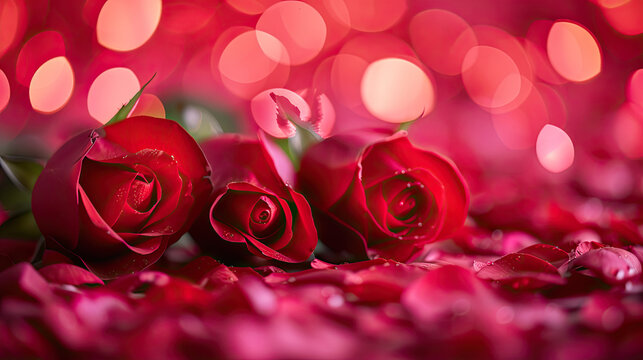valentine’s day red roses with bokeh lights in red background 