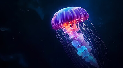 Obraz premium Underwater world concept, beautiful purple glowing jellyfish in the depths