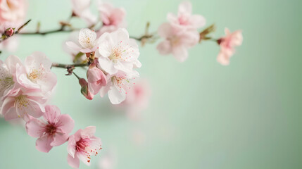 young branch of white and light pink Japanese cherry blossoms on pastel colored light green background