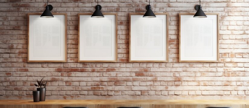 Wooden Frames Hanging on Cords Against Brick Wall, Office Style Design Mockup