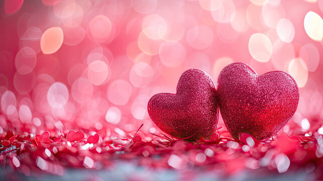 valentine’s day pink love hearts with bokeh lights in background 