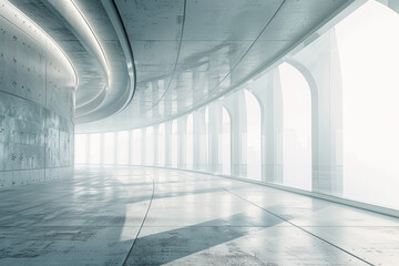 3d render of abstract futuristic glass architecture with empty concrete floor. 