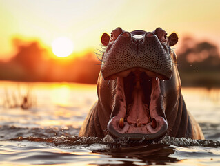 Hippo open muzzle in river water. Wildlife Africa. African Hippopotamus, Hippopotamus amphibius capensis, with evening sun, animal in the nature water habitat, Botswana, Africa. Wildlife scene.