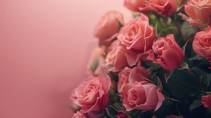 romantic flowers: beautiful bunch of pink roses on right side with pastel colored light red background 