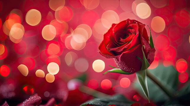 valentine’s day red roses with bokeh lights in red background 