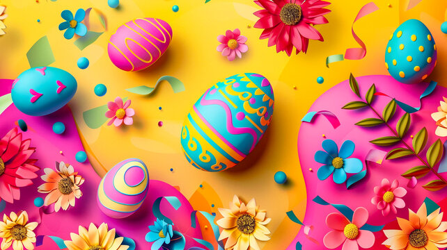 Colourful easter background image of decorated eggs and flowers seasonal Easter greeting card template desktop and web background