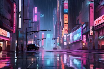 A futuristic cityscape, with neon lights reflecting off the wet streets and holographic advertisements flickering in the rain.