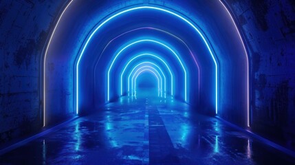 Dark, futuristic corridor aglow with the electric blue illumination of neon lights.