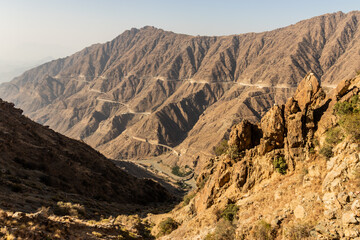 Deep valley with King Fahd Road in Sarawat mountains near Al Baha, Saudi Arabia